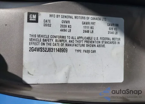 2003 Buick Century Custom z USA, uszkodzony, nr VIN 2G4WS52J831148909